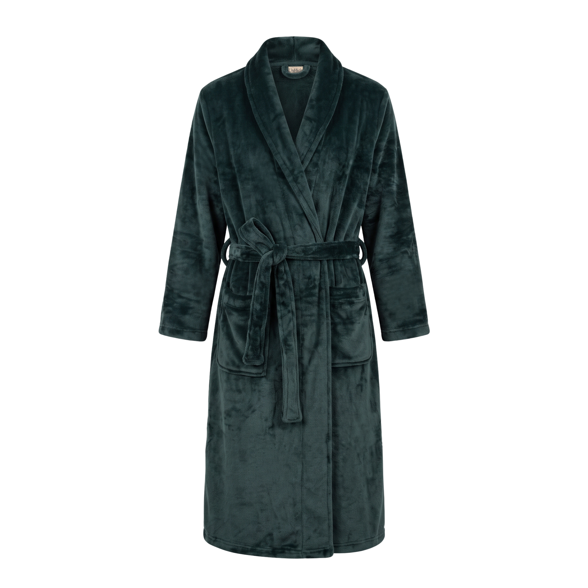 UnHide Lounger Robe in dark forest green plush fleece, with a shawl collar, front patch pockets, and a tied waist belt, shown against a white background.