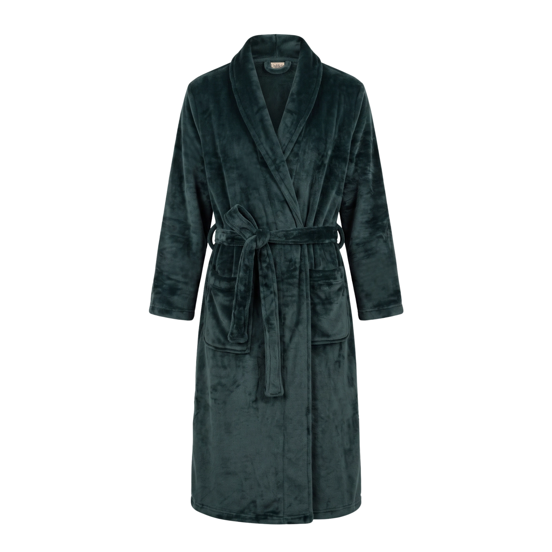 UnHide Lounger Robe in dark forest green plush fleece, with a shawl collar, front patch pockets, and a tied waist belt, shown against a white background.