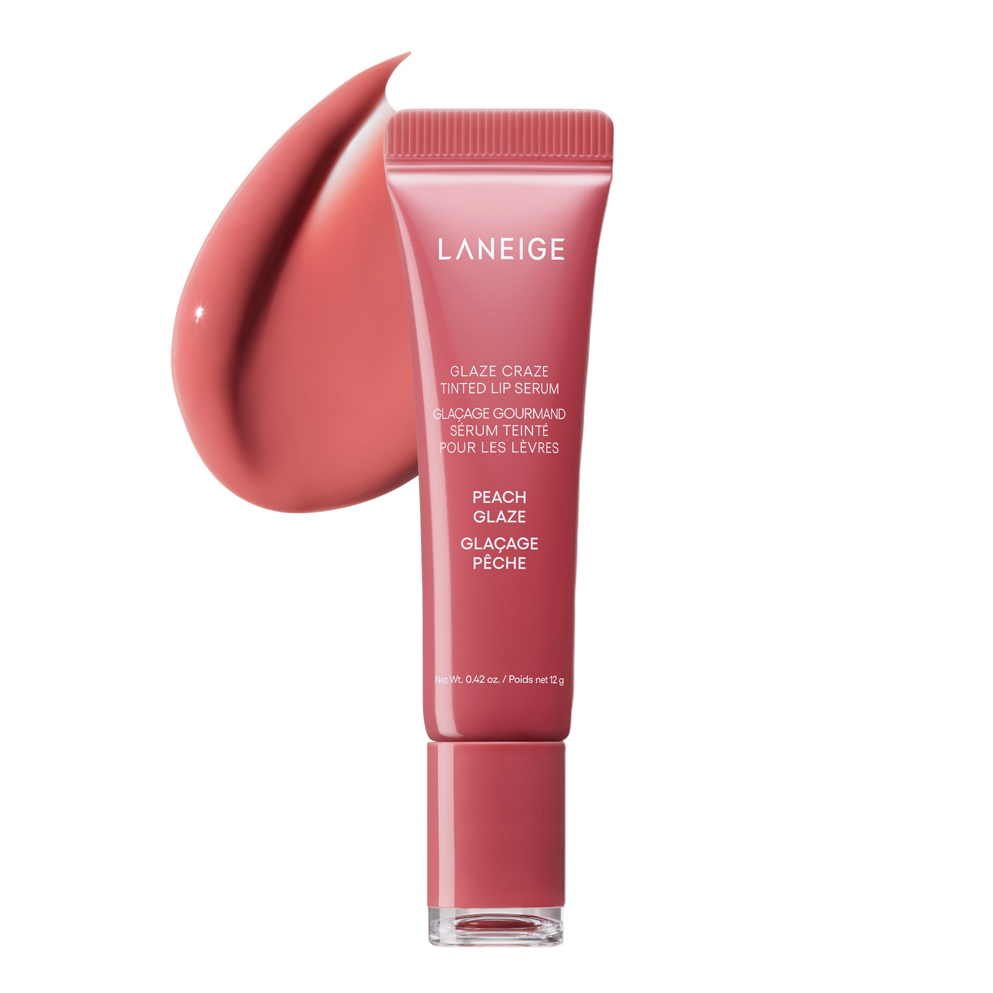 Laneige Glaze Craze Tinted Lip Serum in shade Peach Glaze, a rosy-coral tube with a matching cap, shown upright beside a glossy warm coral-pink product swatch on a white background.