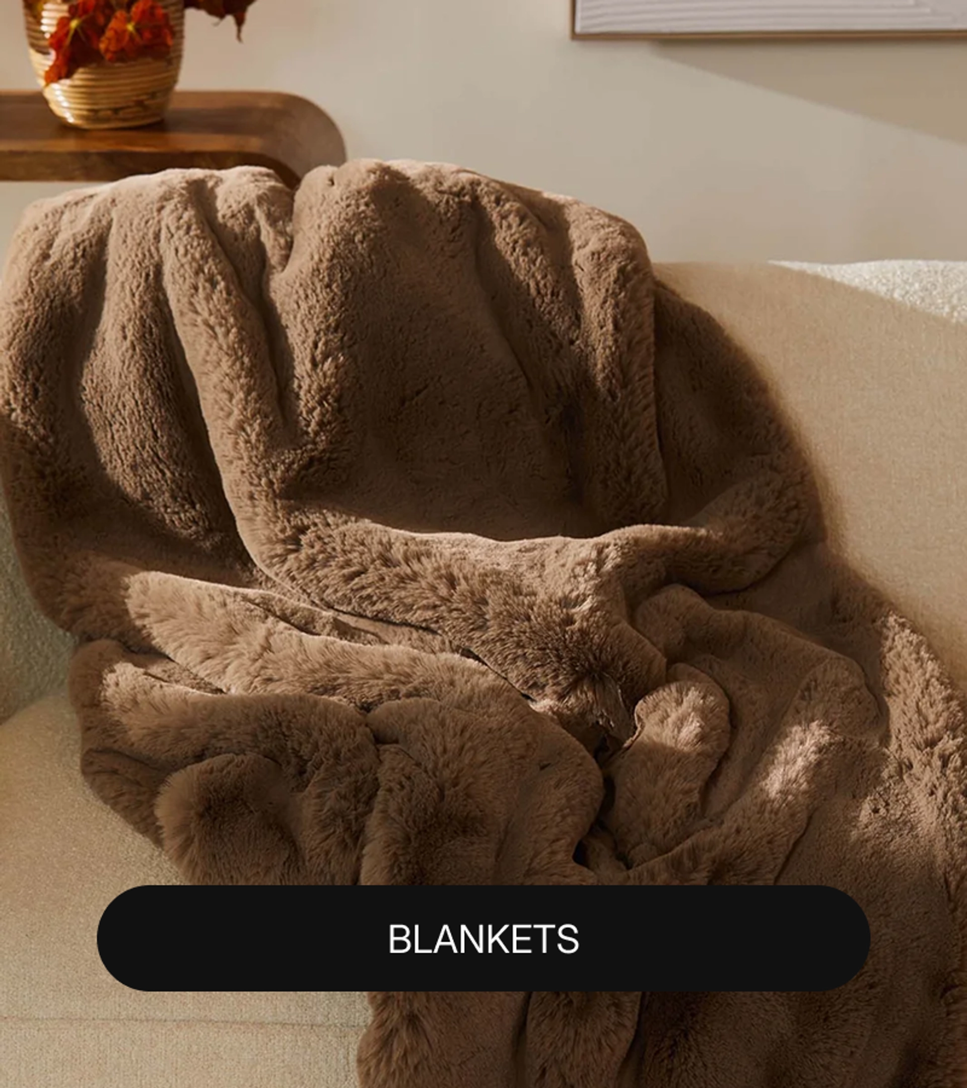 Brown faux fur blanket draped over the arm of a cream sofa in warm sunlight, with a "Blankets" label at the bottom.