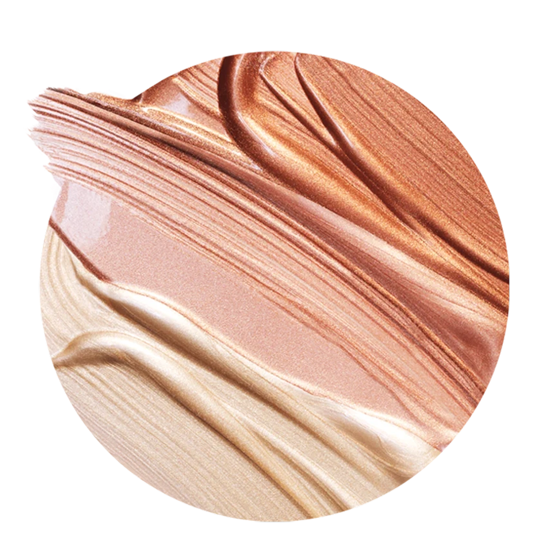 A close-up of layered, shimmering makeup swatches in champagne, rose gold, bronze, and soft peach tones, arranged in sweeping textured strokes against a pale beige background.
