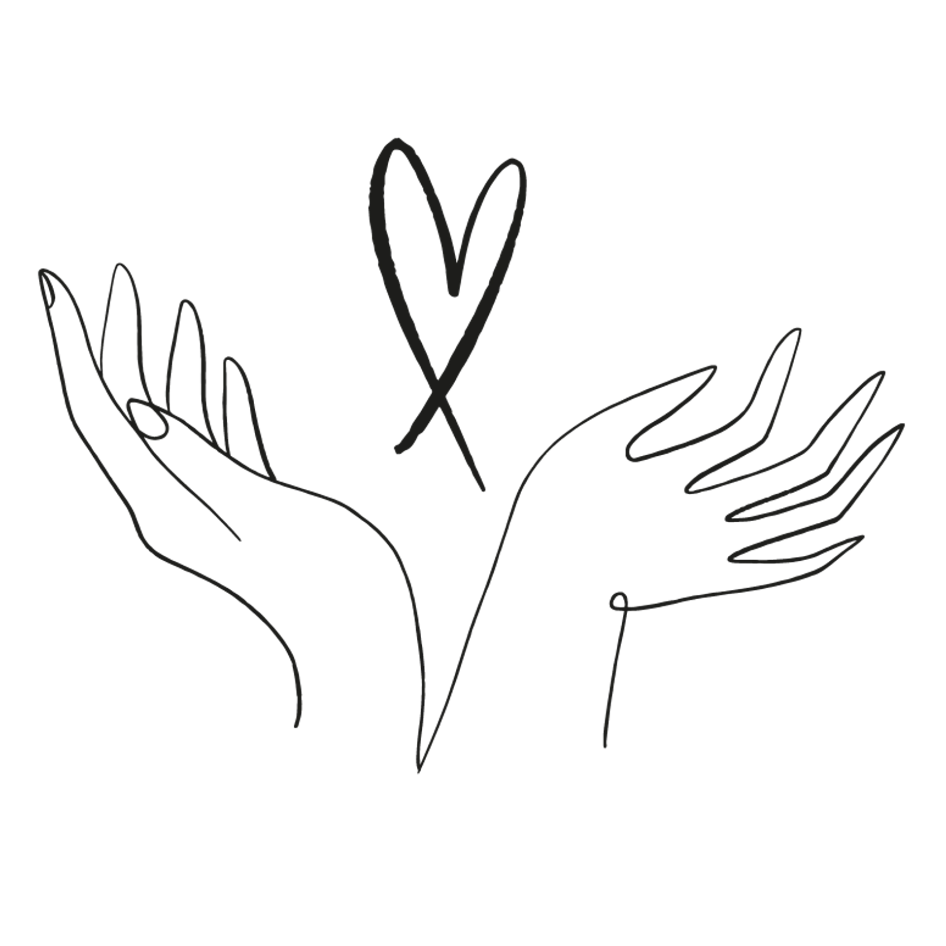 Black line drawing of two open, upturned hands reaching toward each other with a heart outline floating between them.