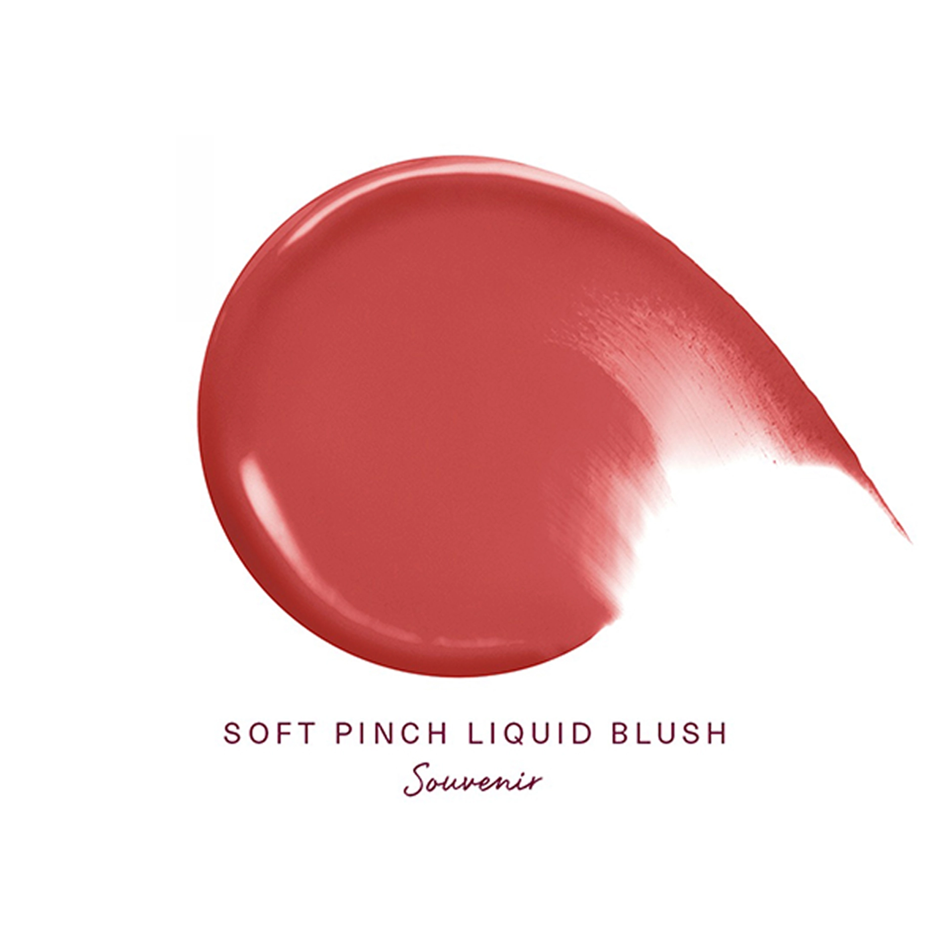 A swatch of Rare Beauty Soft Pinch Liquid Blush in the shade Souvenir, shown as a glossy rosy-red smear on a white background. Text below identifies the product and shade.
