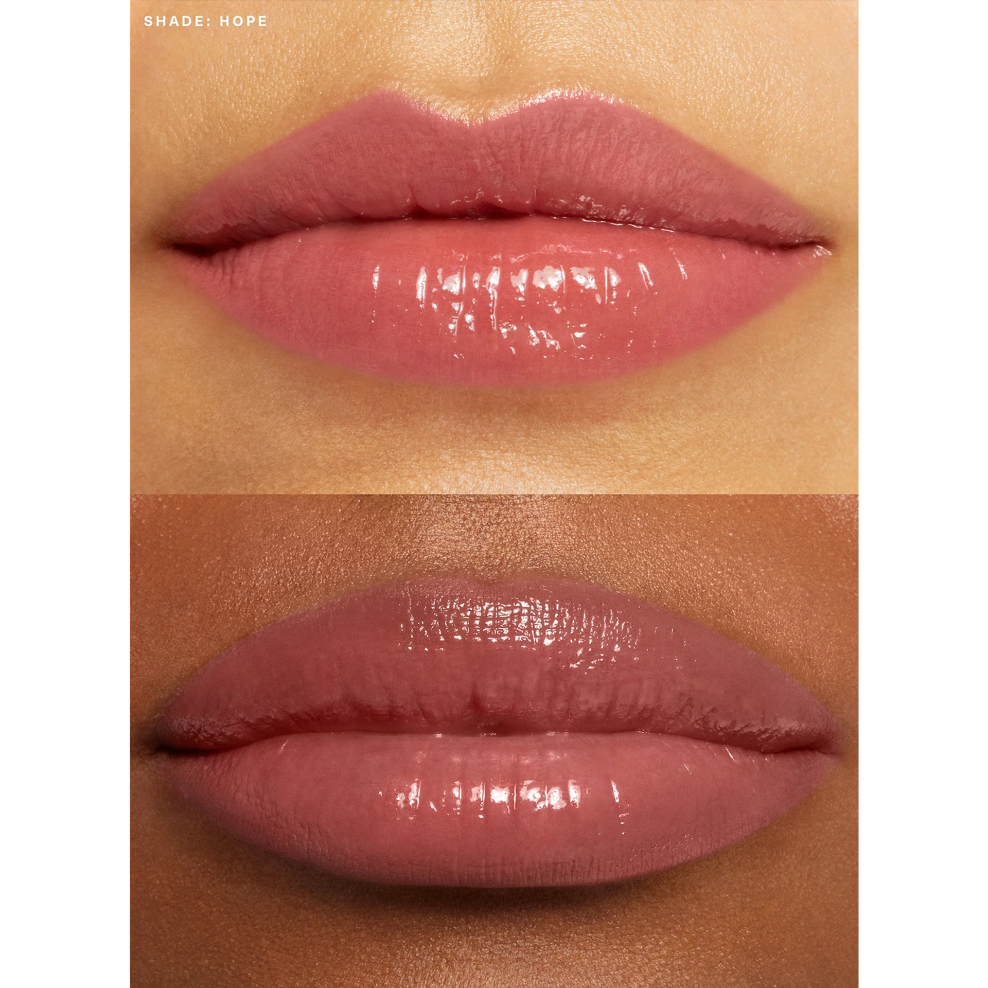 Close-up swatch of Rare Beauty Soft Pinch Tinted Lip Oil in shade Hope, a glossy rosy-pink, shown on two models with light-medium and deep skin tones.