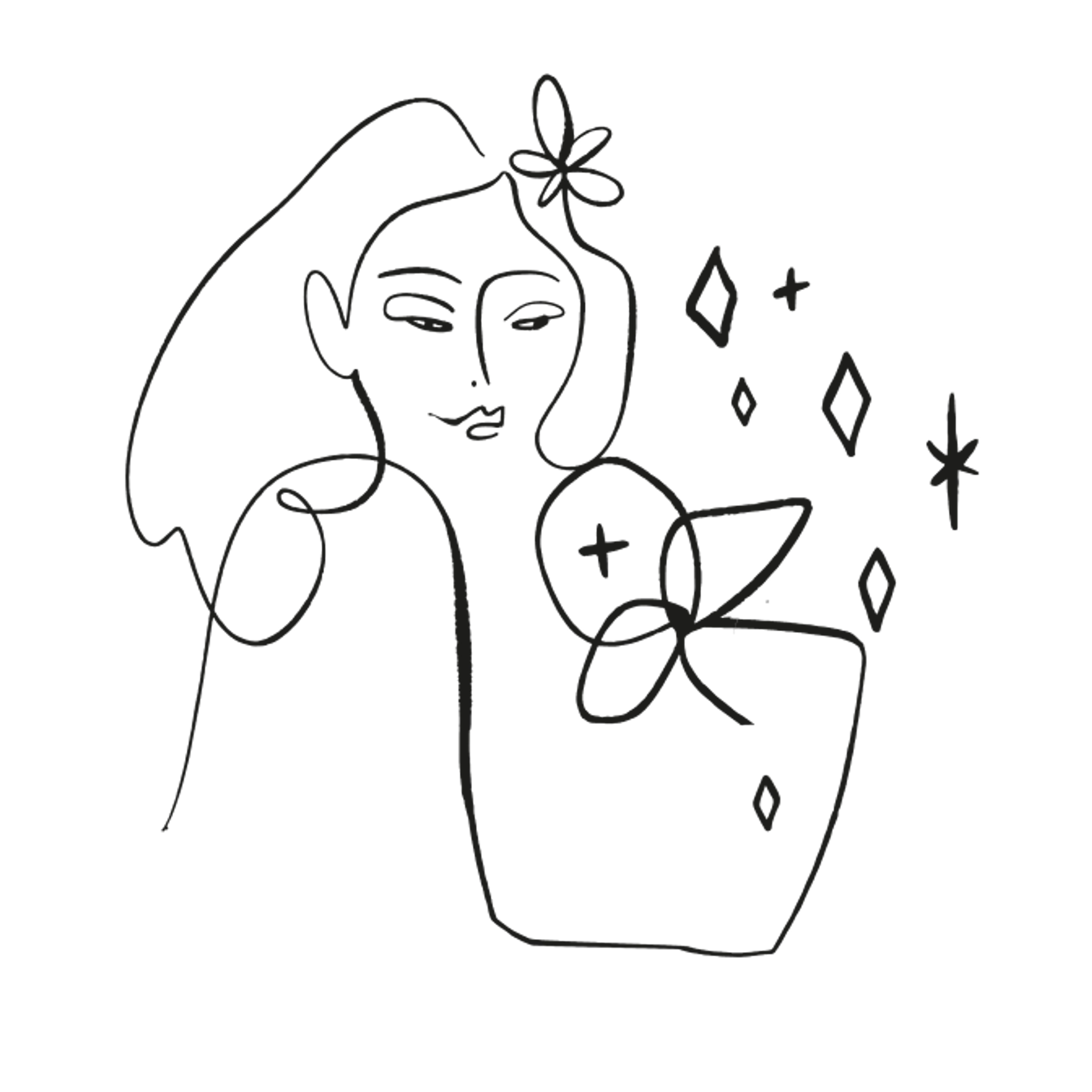 Black line drawing of a woman with a flower in her hair holding a box with a flower on it, surrounded by sparkles and stars.