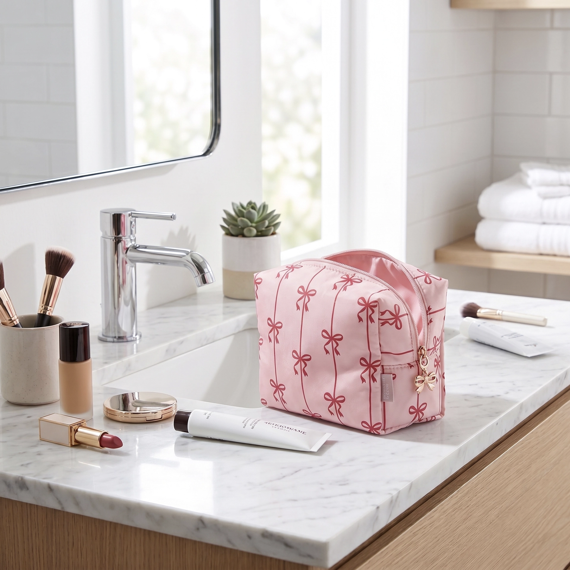 Summer & Rose pink zip pouch with a red bow pattern and a gold bow zipper charm, open on a marble bathroom counter beside makeup brushes, foundation, lipstick, a compact, and skincare tubes.