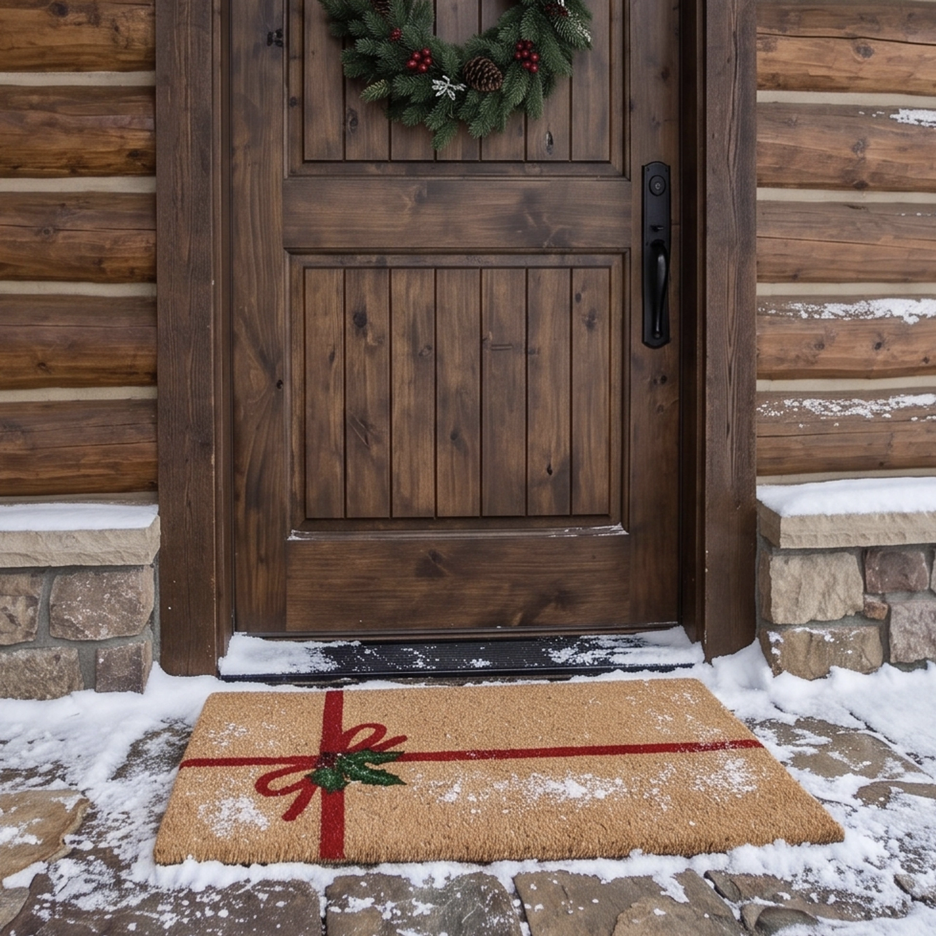 Summer & Rose coir outdoor doormat with a red ribbon and holly bow design, placed on a snowy stone step in front of a rustic wooden door with an evergreen wreath.