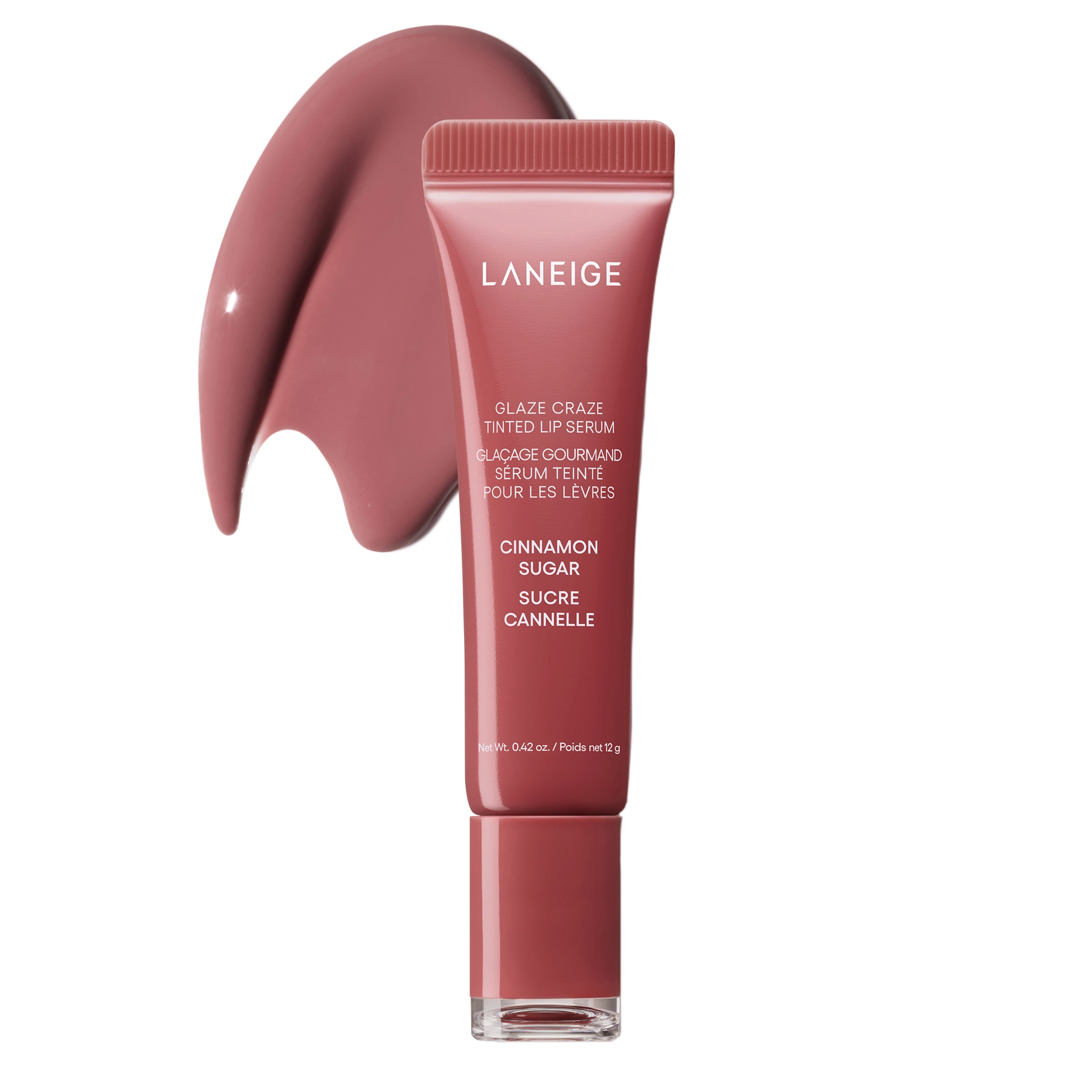 Laneige Glaze Craze Tinted Lip Serum in shade Cinnamon Sugar, a rosy-brown tube with a matching cap, shown upright beside a glossy dusty-rose product swatch on a white background.