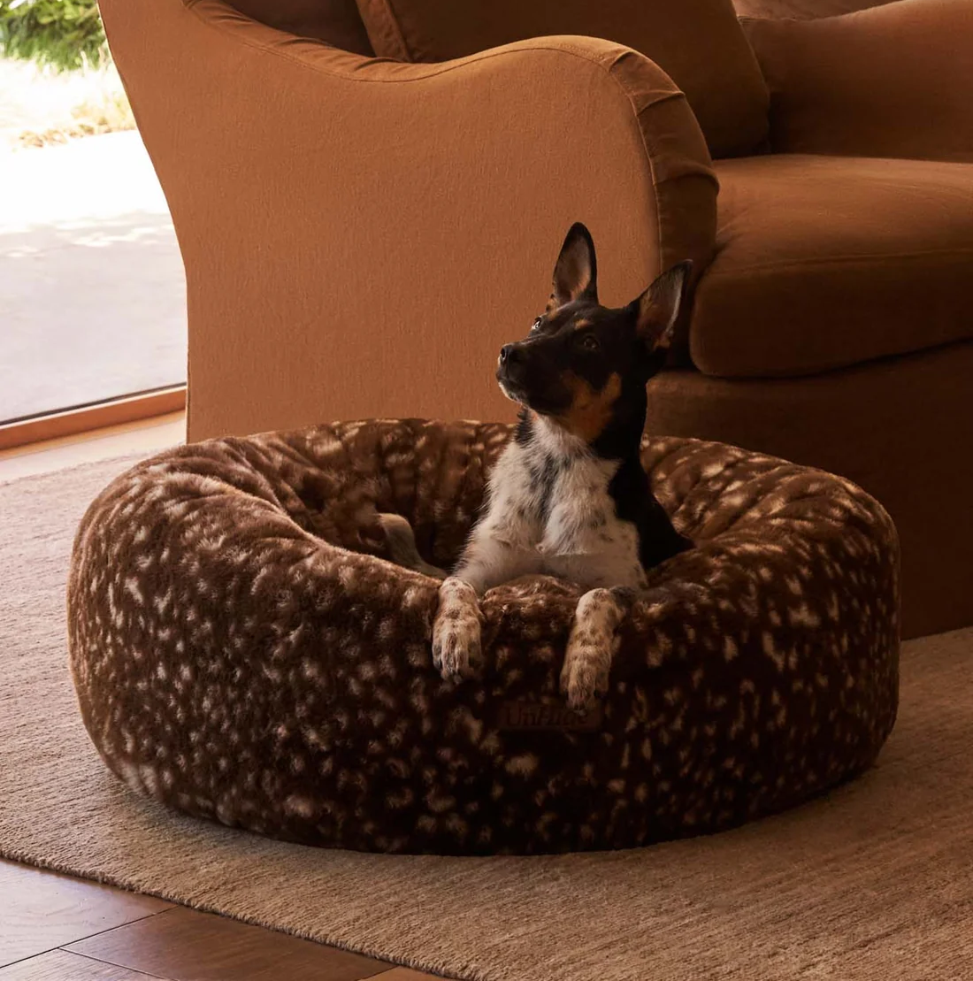 Black, white, and tan puppy with perked ears resting in a round UnHide pet bed in a brown faux fur with a cream fawn-spot pattern, set on a woven rug in front of a rust-colored armchair near a sunlit window.