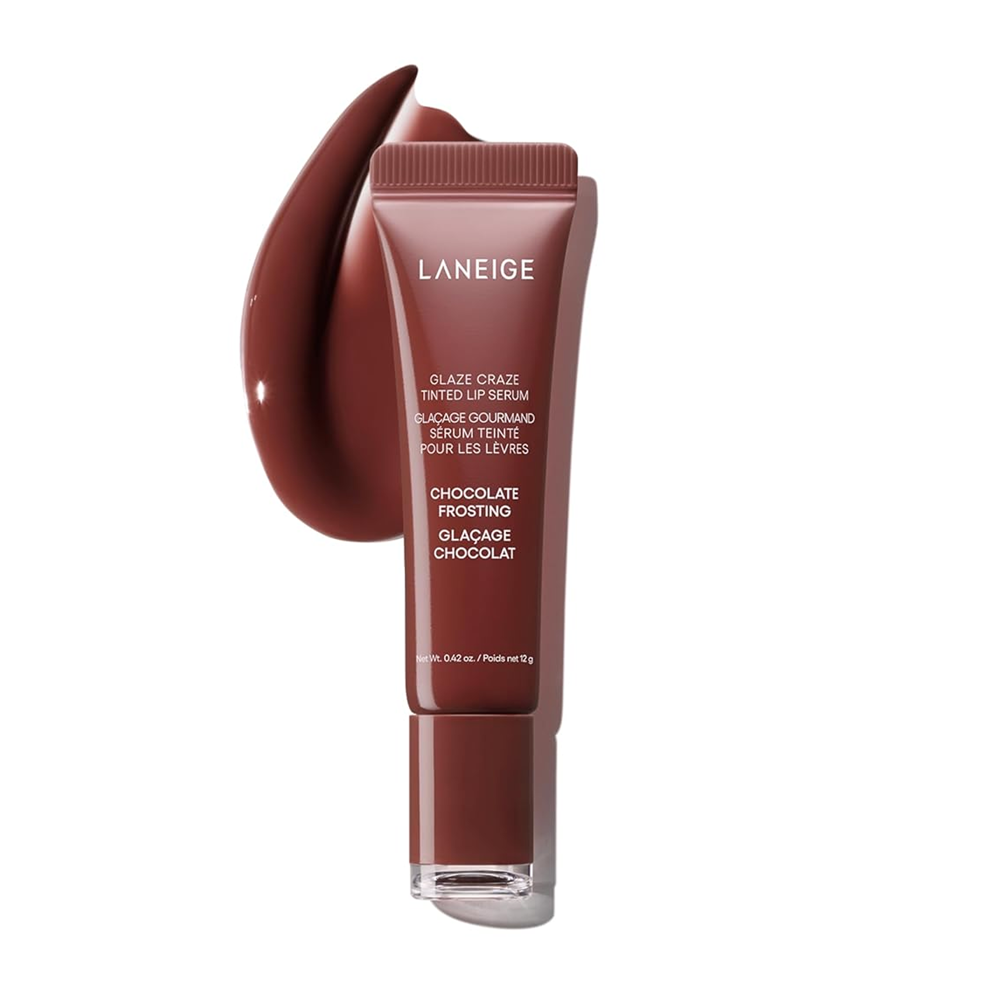 Laneige Glaze Craze Tinted Lip Serum in shade Chocolate Frosting, a deep brown-red tube with a matching cap, shown upright beside a glossy dark chocolate-brown product swatch on a white background.