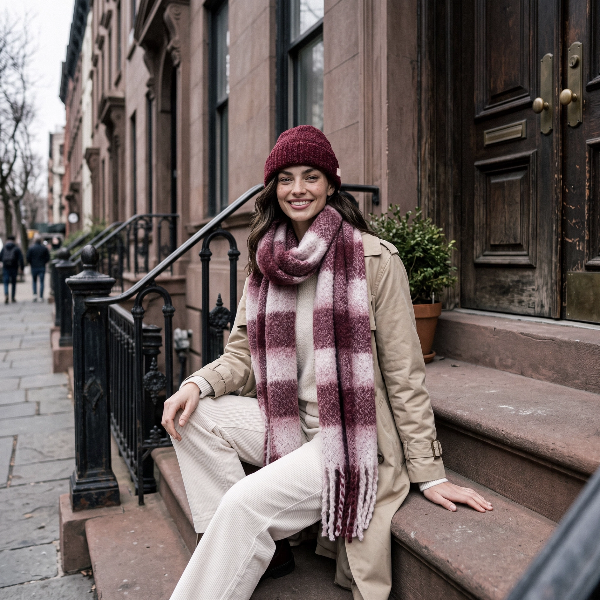 Smiling model seated on brownstone steps wearing a Summer & Rose chunky burgundy and pink plaid fringed scarf with a matching burgundy knit beanie, styled with a tan trench coat, cream sweater, and cream corduroy pants.