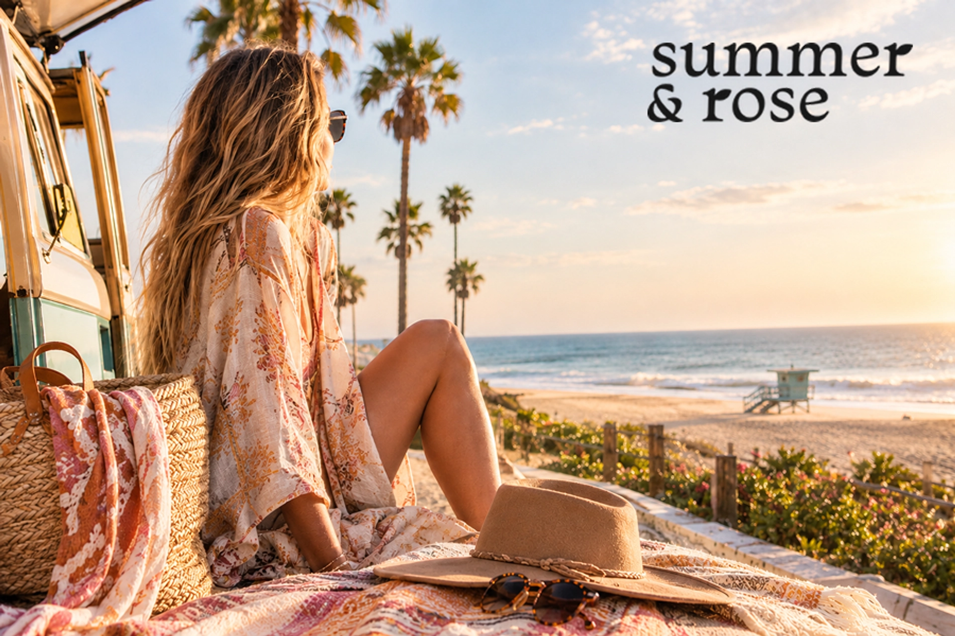 Woman with long wavy hair and sunglasses, wearing a floral kimono, sitting on a patterned blanket at sunset and looking out at a palm-lined beach, with a woven tote bag, a tan wide-brim hat, and tortoiseshell sunglasses beside her and a vintage van and lifeguard tower nearby.
