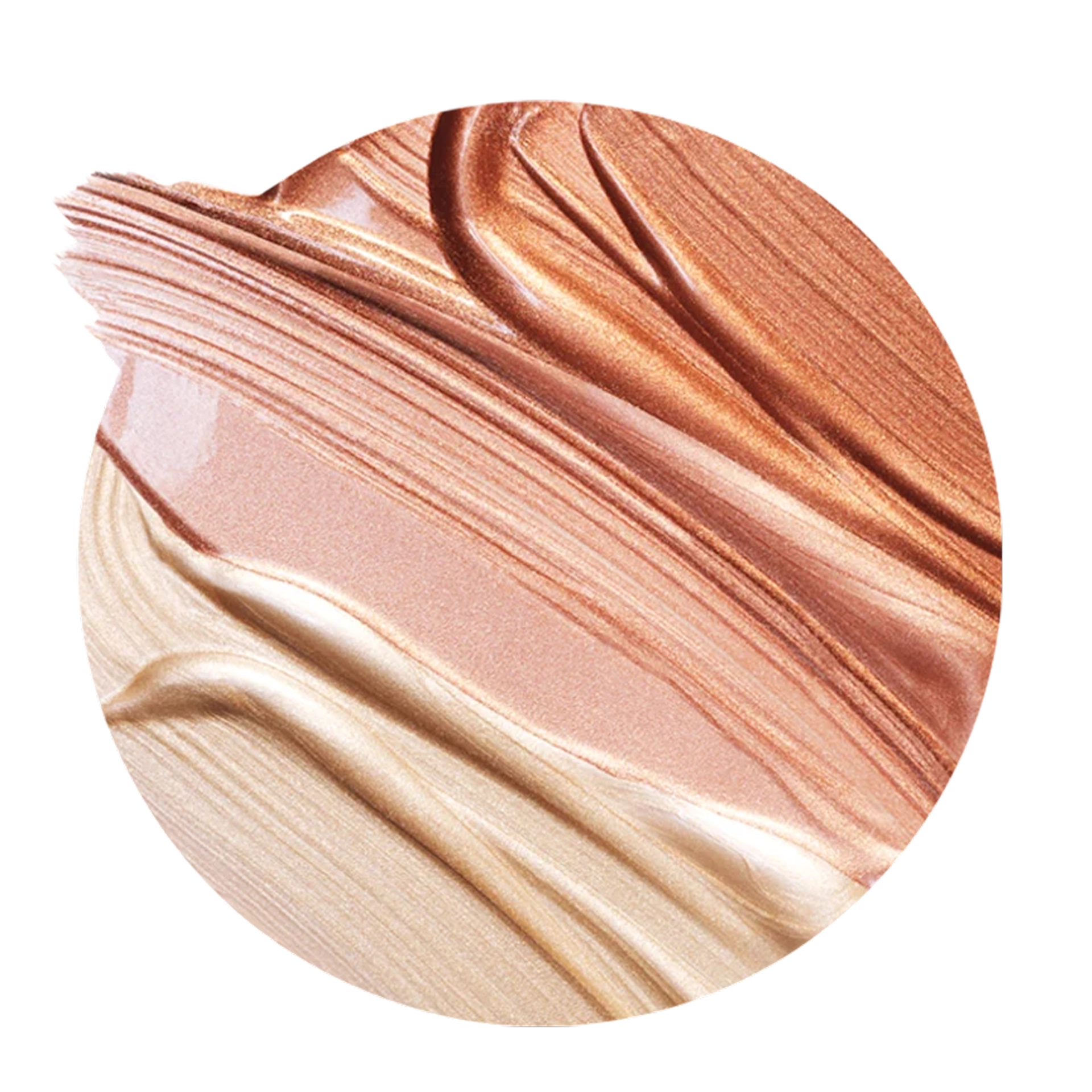A close-up of layered, shimmering makeup swatches in champagne, rose gold, bronze, and soft peach tones, arranged in sweeping textured strokes.