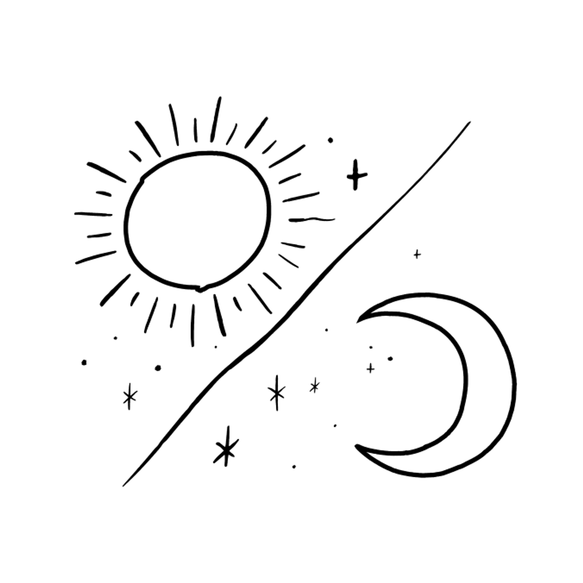 Black line drawing of a radiant sun and a crescent moon separated by a diagonal line, with small stars and sparkles scattered around.
